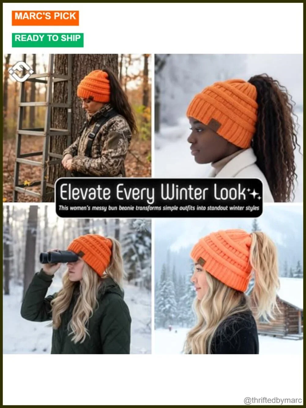 Ponytail Beanie for Women - Winter Hat Soft Stretch Cable Knit High Pony